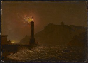 Un phare en feu la nuit